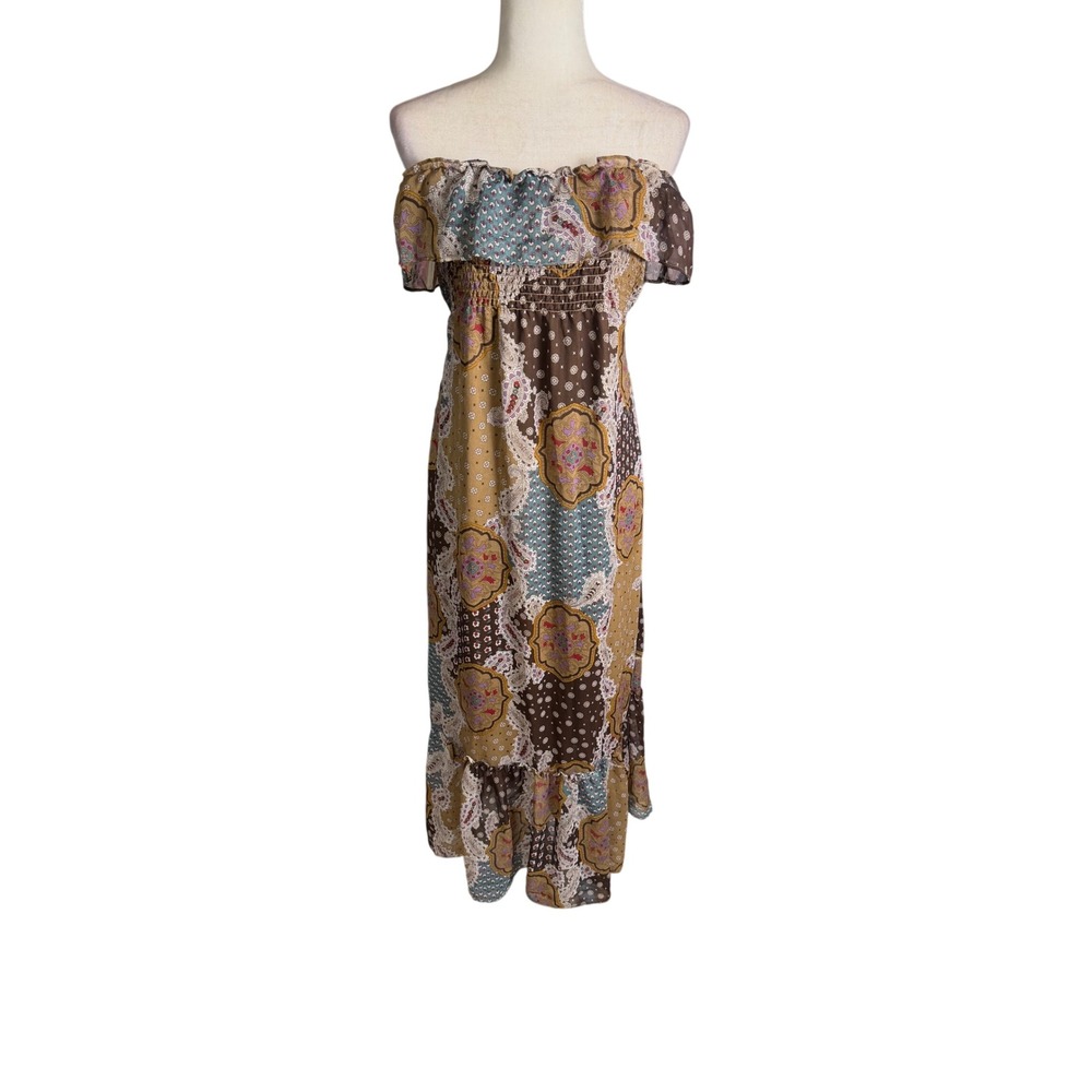 Y2K Boho Paisley Patchwork Maxi Dress Off Shoulder Tube Dress Small